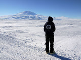 Miskatonic University Antarctic Expedition hoodie modelled in actual Antarctica by an HPLHS fan: Mt. Nansen in the distance.